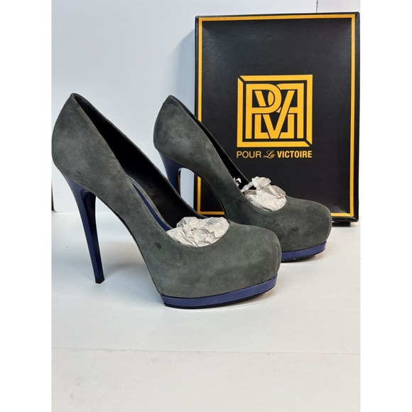 Pour La Victoire Zimmer Grey Suede with Blue Platform‎ Round Toe Platform 6.5m - Picture 1 of 7